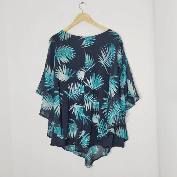 Women's Black Teal Leaf Print Cap Sleeves Tank Top Underneath Blouse Plus Size - Picture 2 of 8
